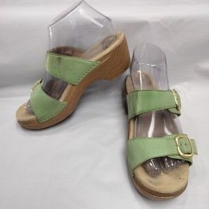 Dansko Sophie Wedge Sandals Green Leather Shoes Slip On Size EU 39 / US 8.5-9